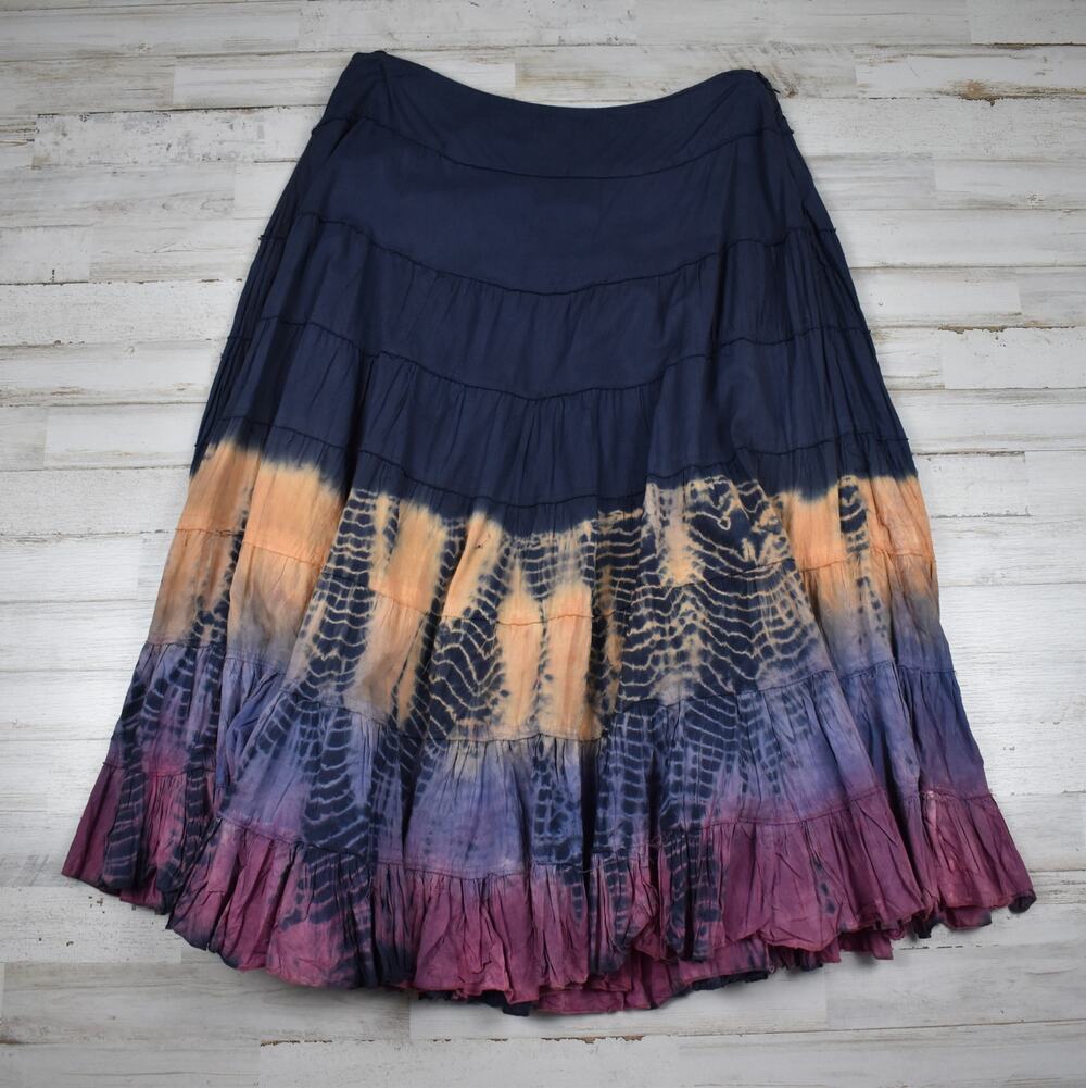 Boho Tie Dye Midi Skirt Women's Medium Navy Blue Peach Purple Hippie Whimsigoth